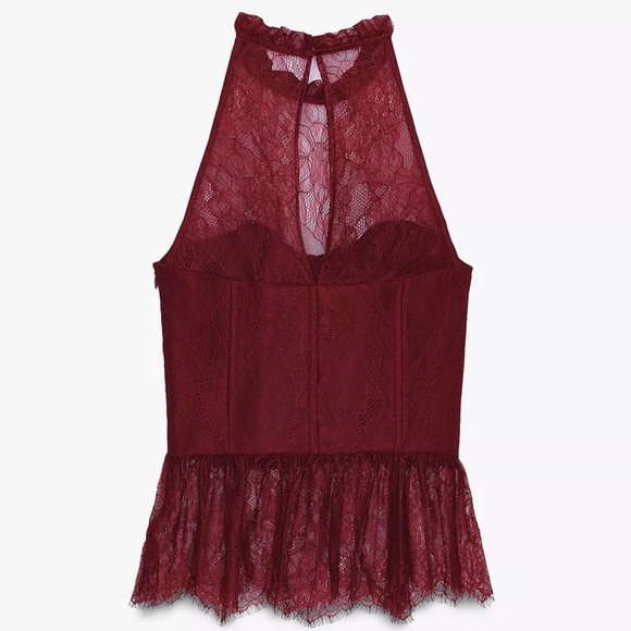 ZARA LACE HALTER TOP BURGUNDY SIZE M - Picture 5 of 11
